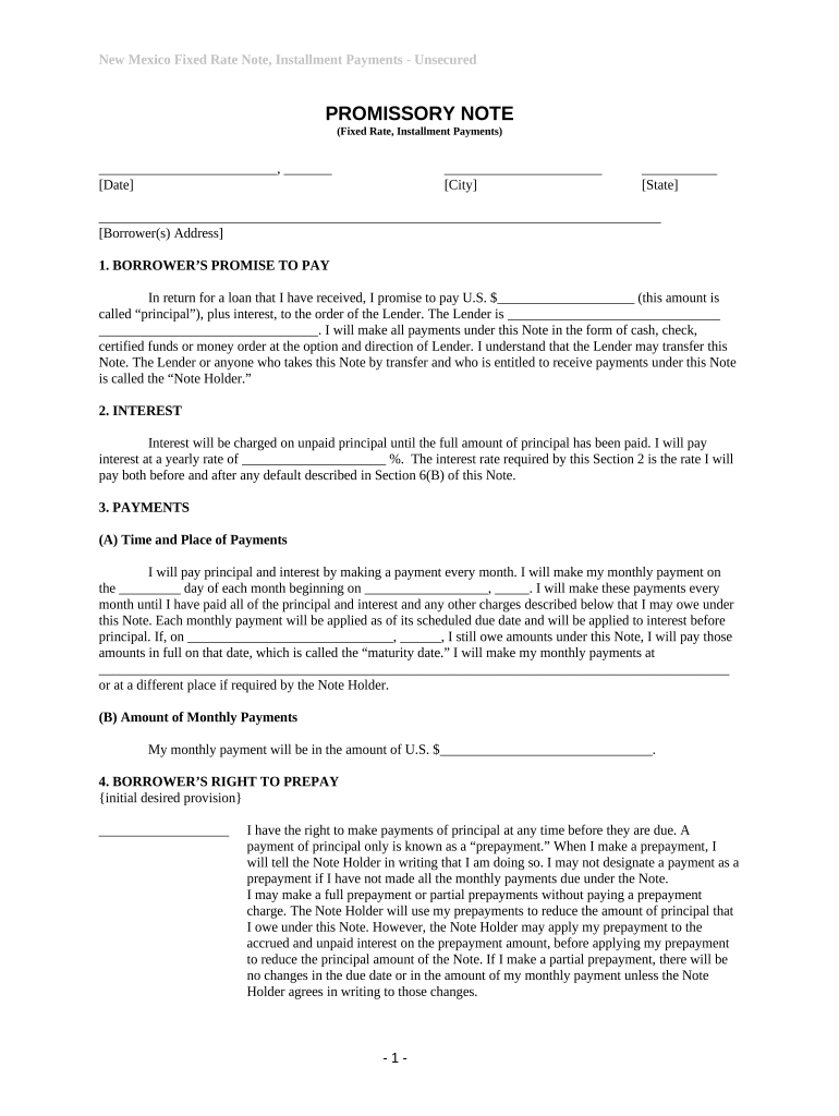 New Mexico Unsecured Installment Payment Promissory Note for Fixed Rate New Mexico  Form