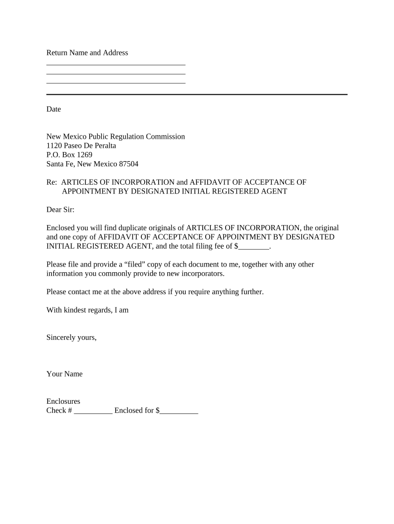 Sample Transmittal Letter for Articles of Incorporation New Mexico  Form