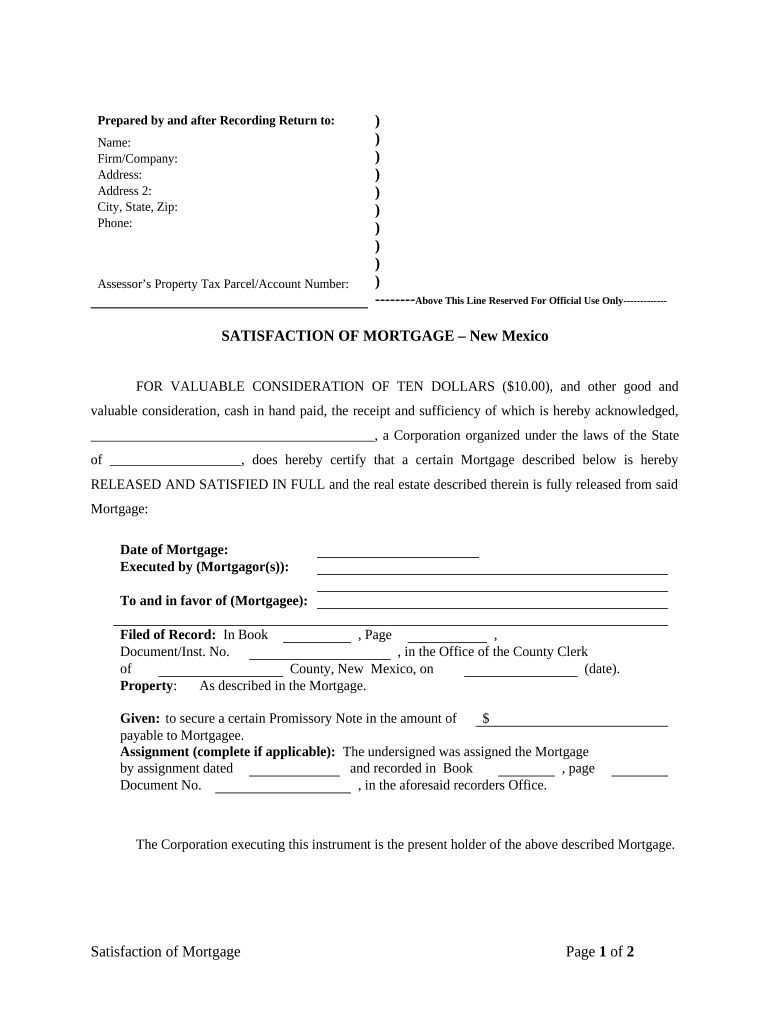 Satisfaction Release of Mortgage by Mortgagee by Corporate Lender New Mexico  Form