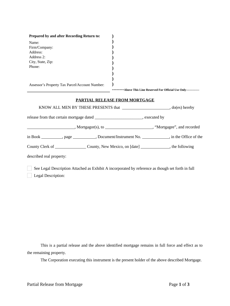 Partial Release of Property from Mortgage for Corporation New Mexico  Form