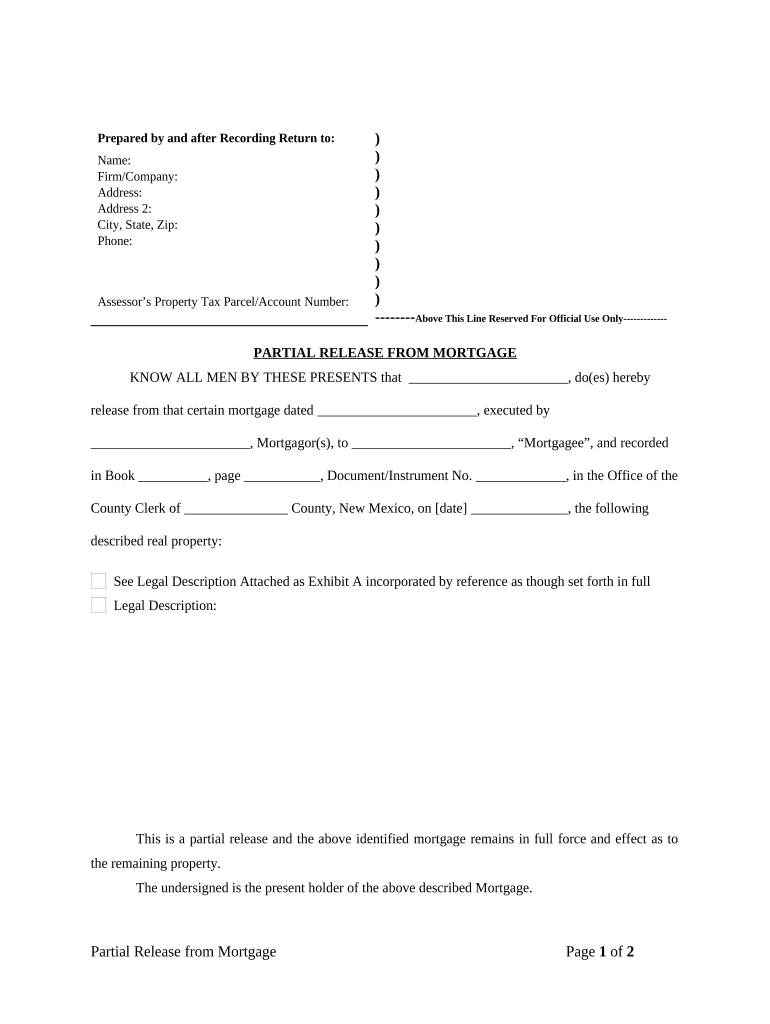 Partial Release of Property from Mortgage by Individual Holder New Mexico  Form