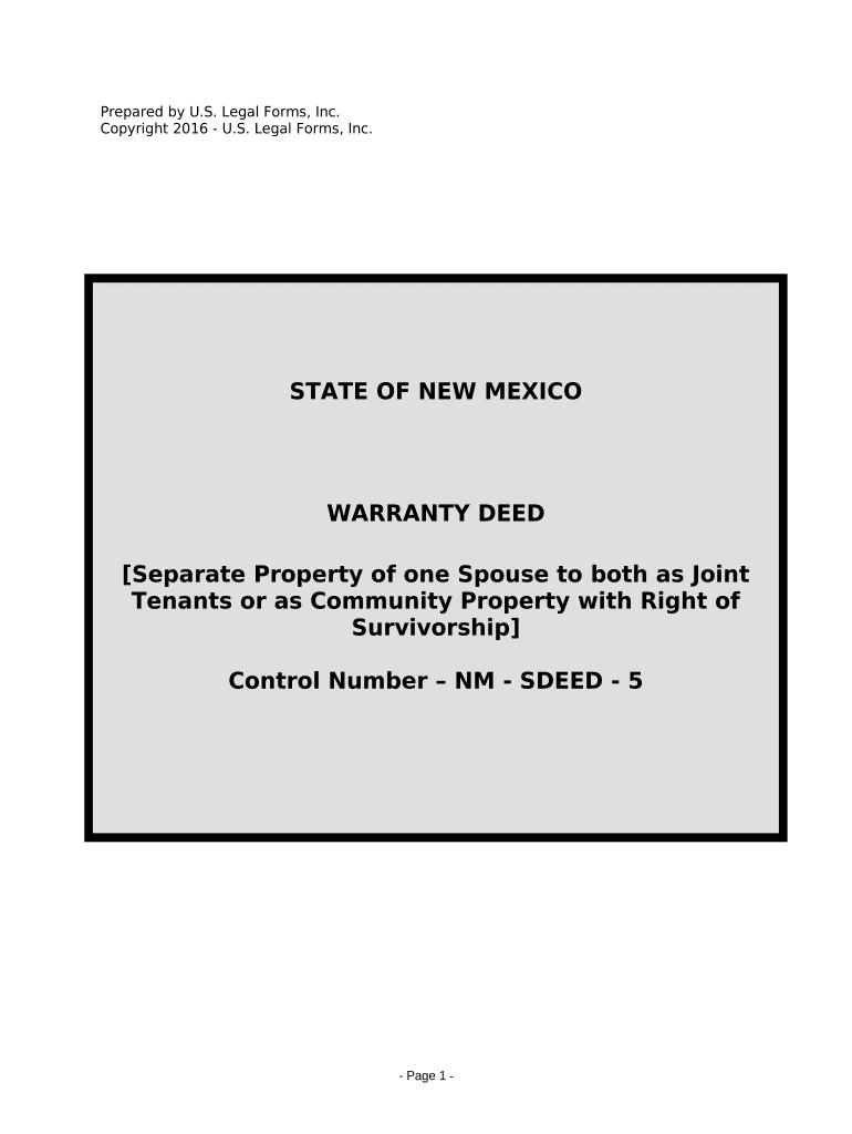 Warranty Deed to Separate Property of One Spouse to Both Spouses as Joint Tenants New Mexico  Form