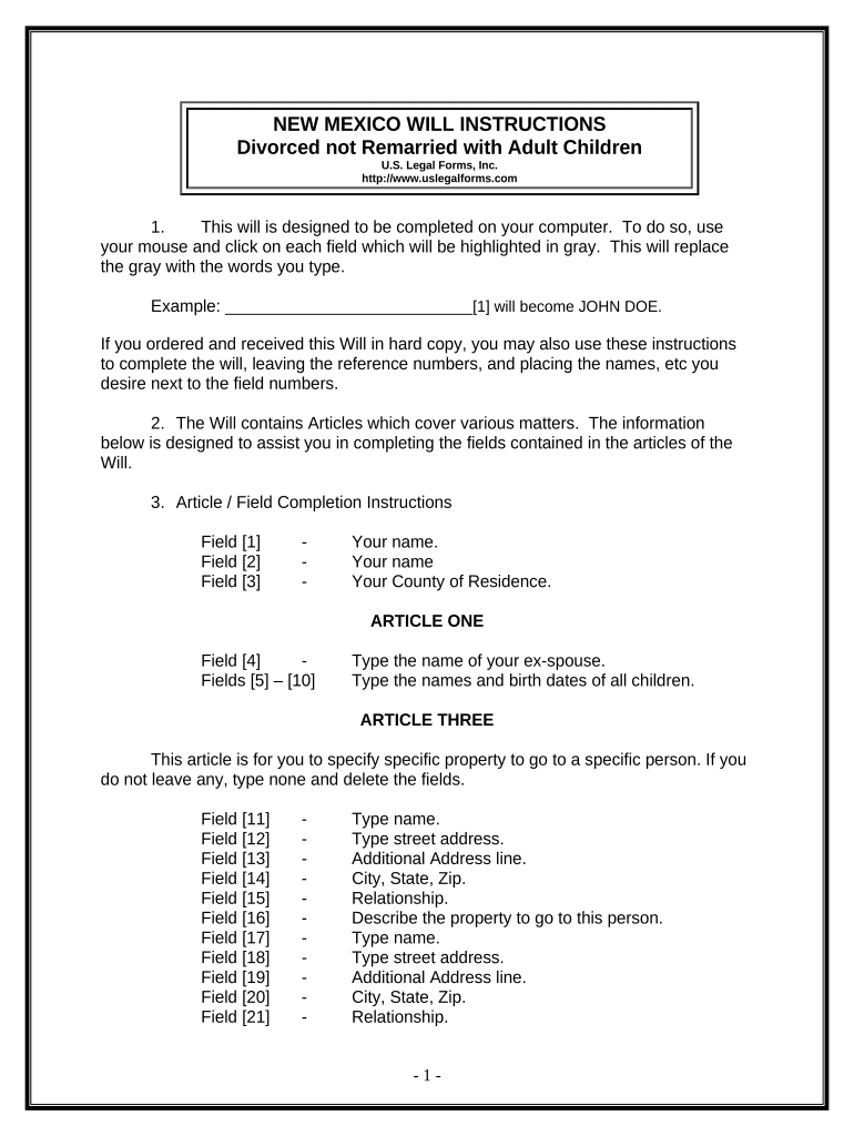 Legal Last Will and Testament Form for Divorced Person Not Remarried with Adult Children New Mexico