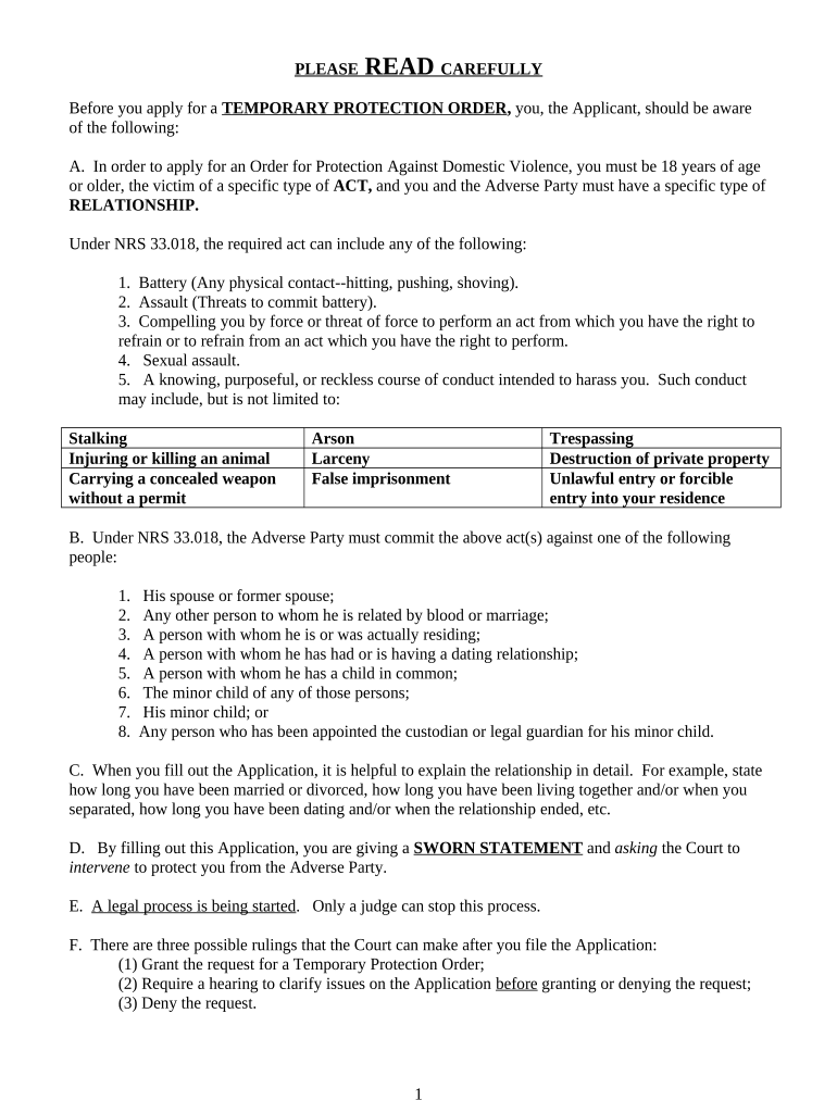 Instructions for Order for Protection Against Domestic Violence Nevada  Form