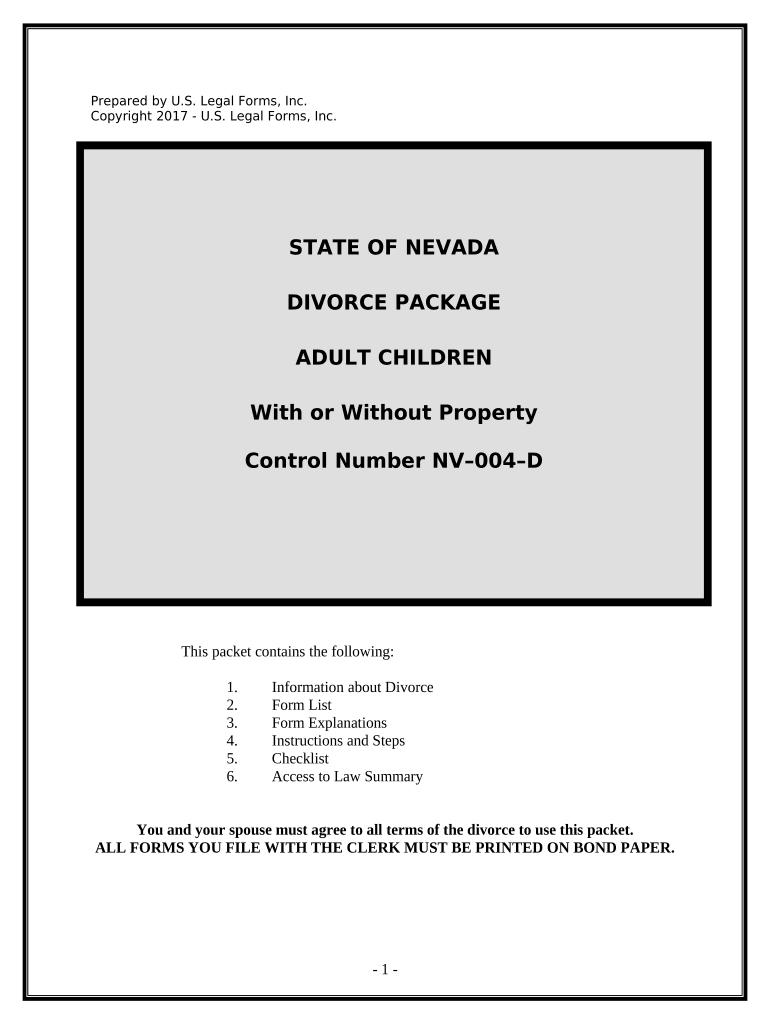 No Fault Uncontested Agreed Divorce Package for Dissolution of Marriage with Adult Children and with or Without Property and Deb  Form