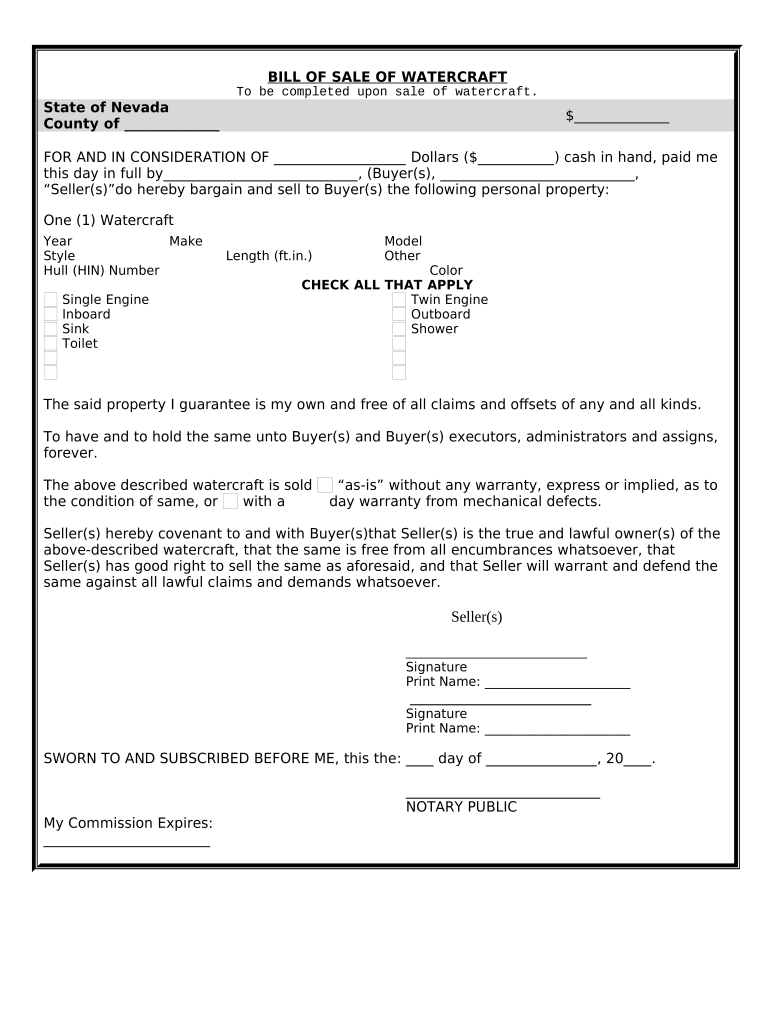 Bill of Sale for WaterCraft or Boat Nevada  Form