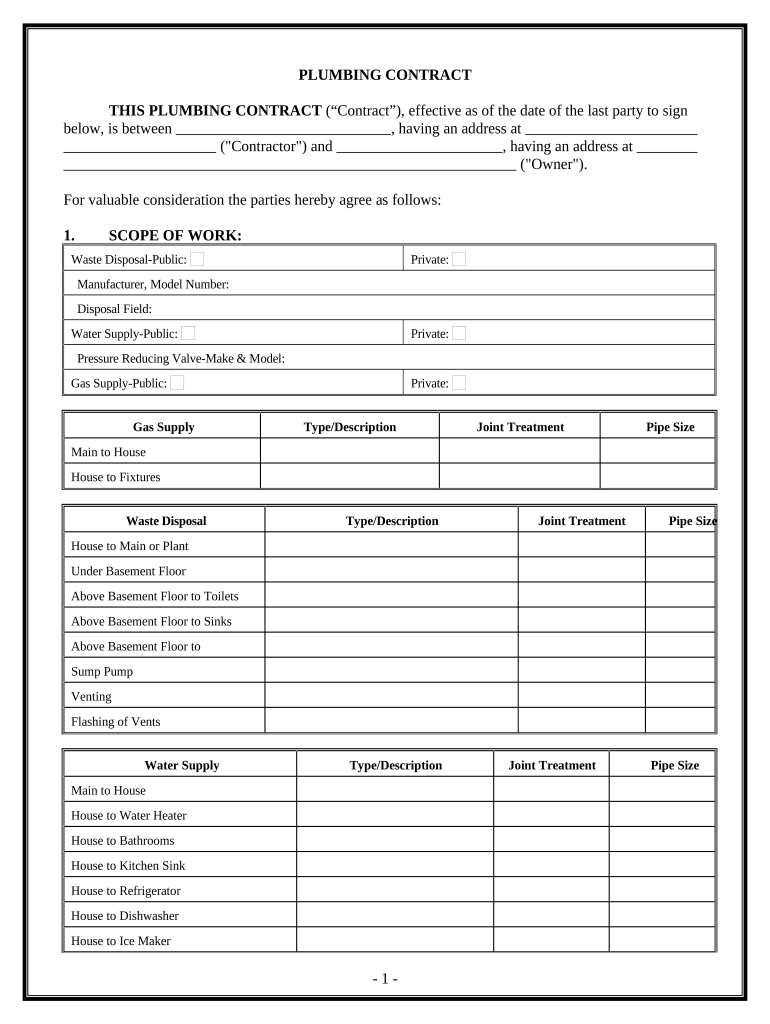 Plumbing Contract for Contractor Nevada  Form