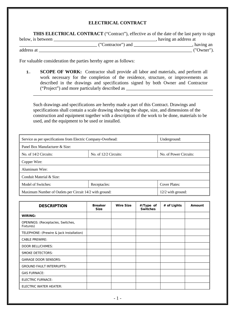 Electrical Contract for Contractor Nevada  Form