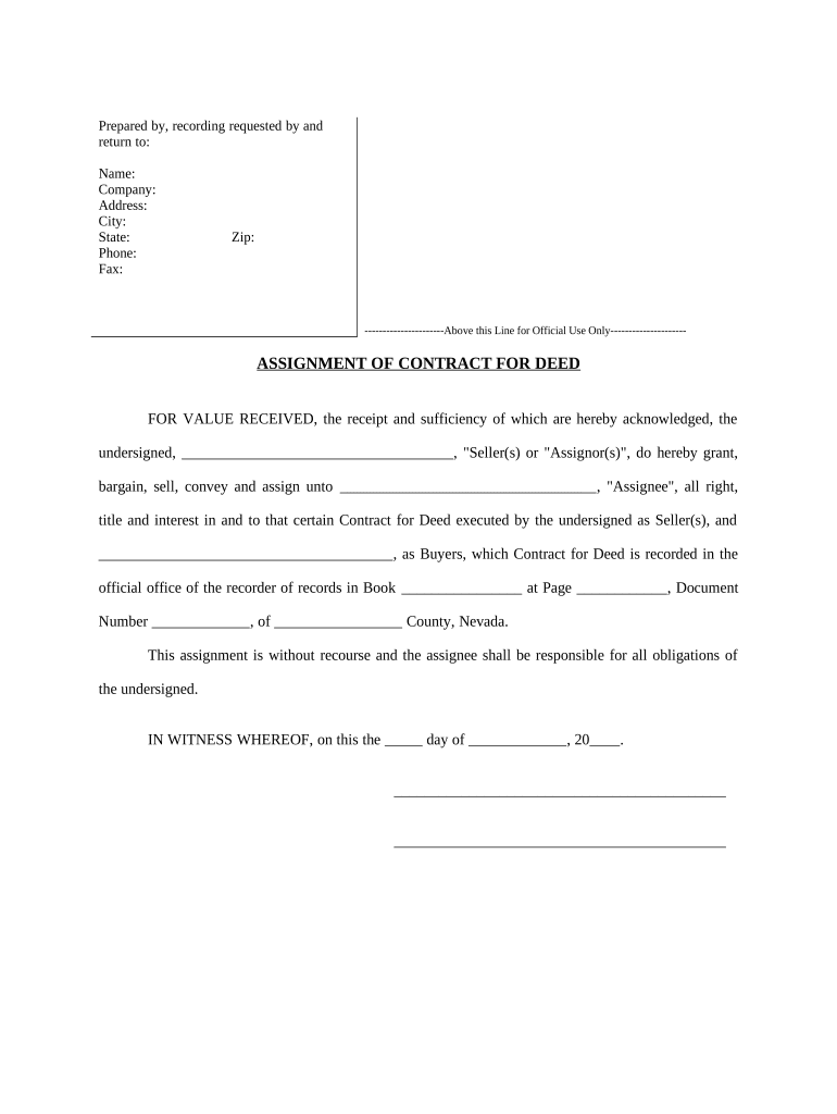 Assignment of Contract for Deed by Seller Nevada  Form