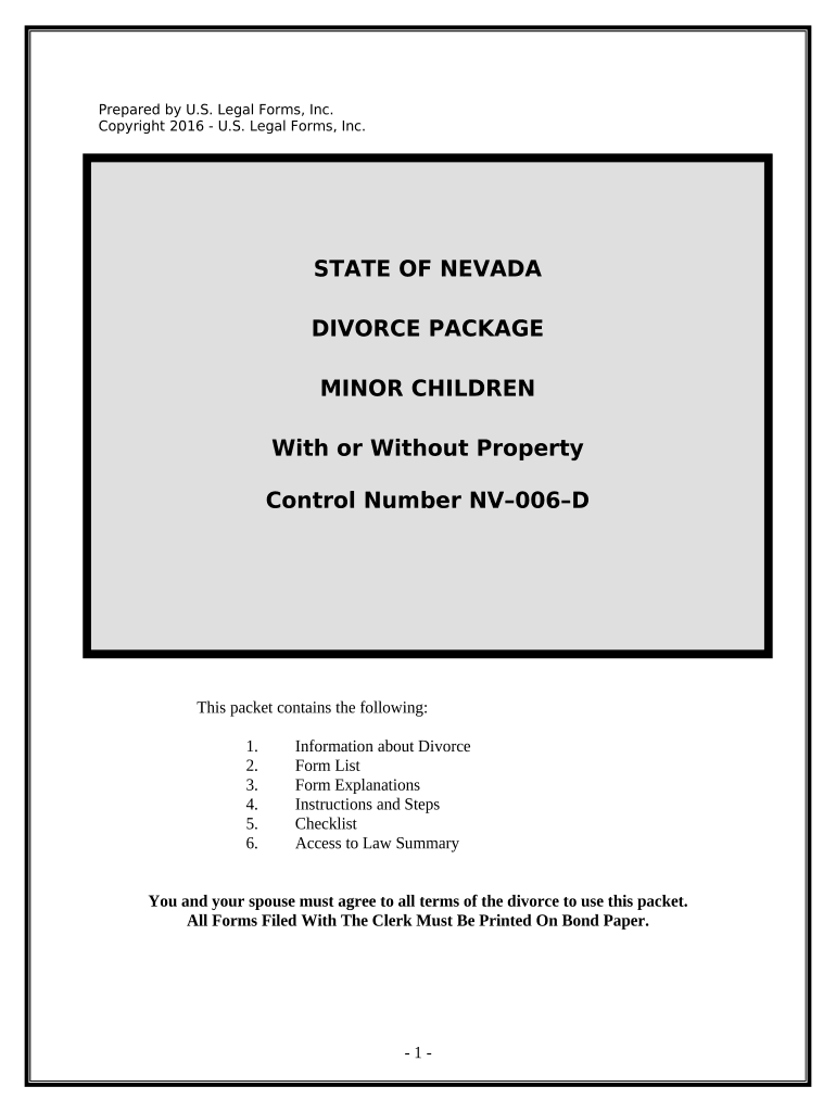 No Fault Agreed Uncontested Divorce Package for Dissolution of Marriage for People with Minor Children Nevada  Form