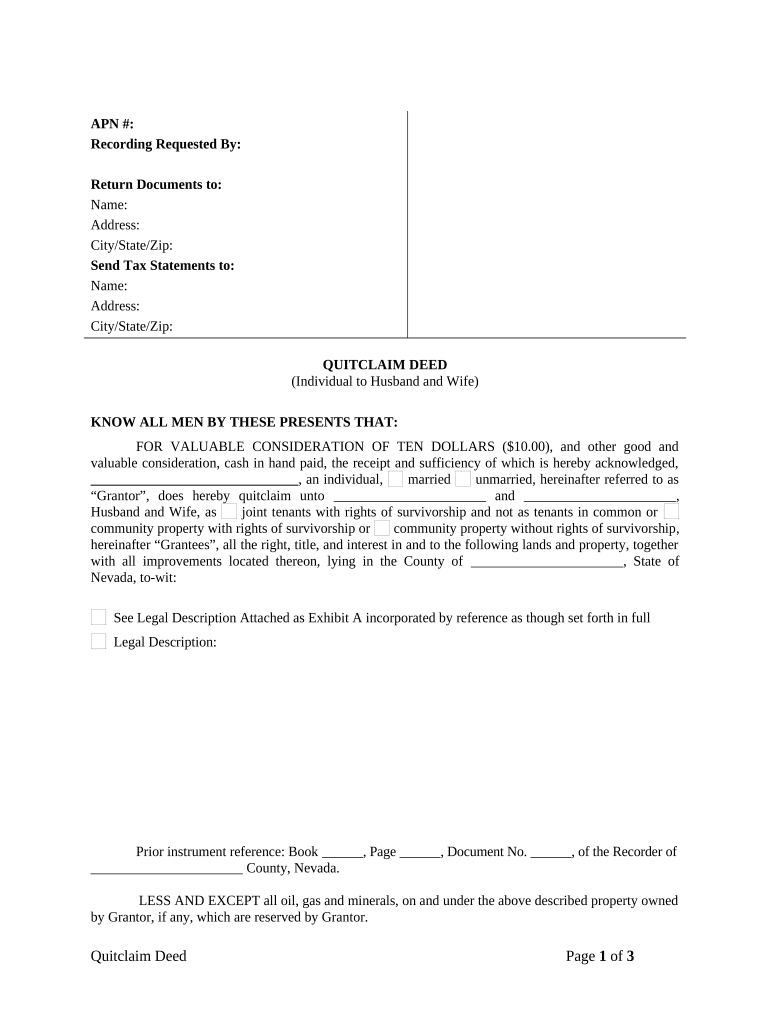 Quitclaim Deed from Individual to Husband and Wife Nevada  Form