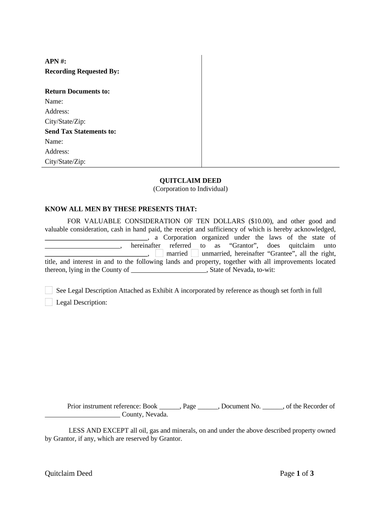 Quitclaim Deed from Corporation to Individual Nevada  Form