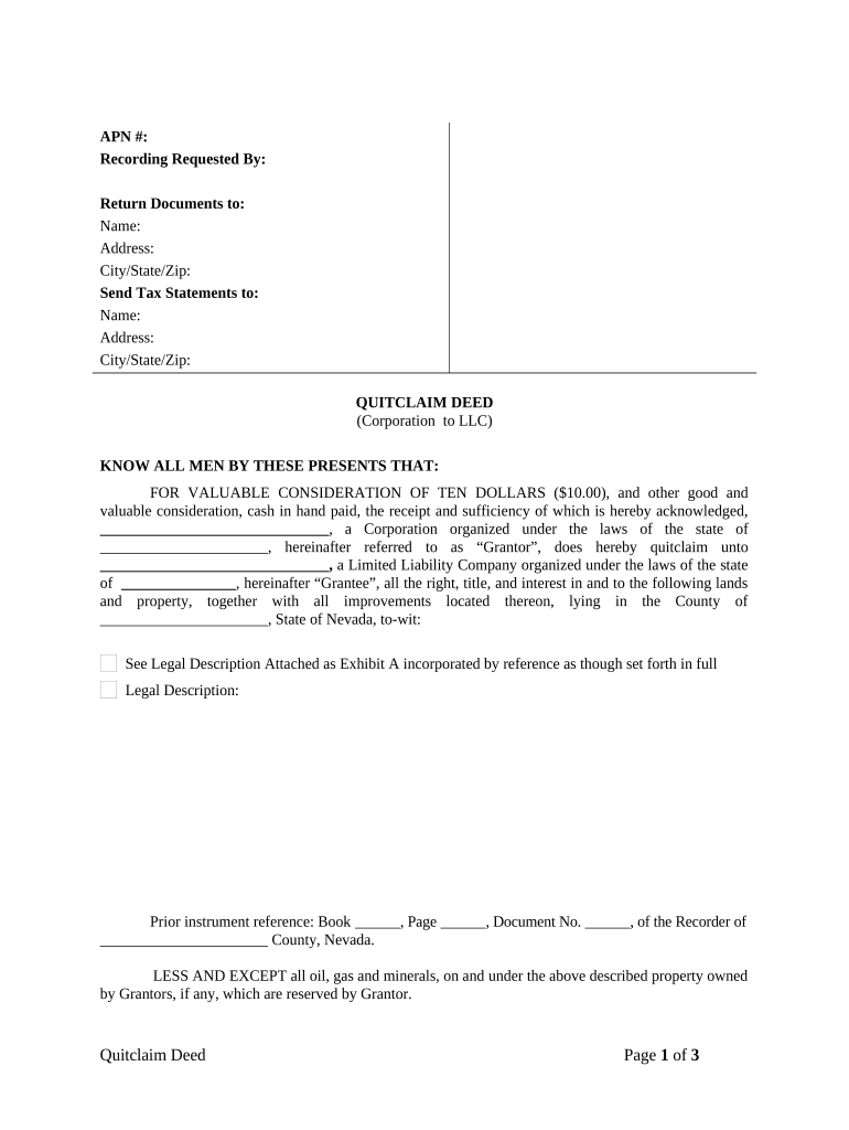 Fill and Sign the Nevada Quitclaim Deed Form