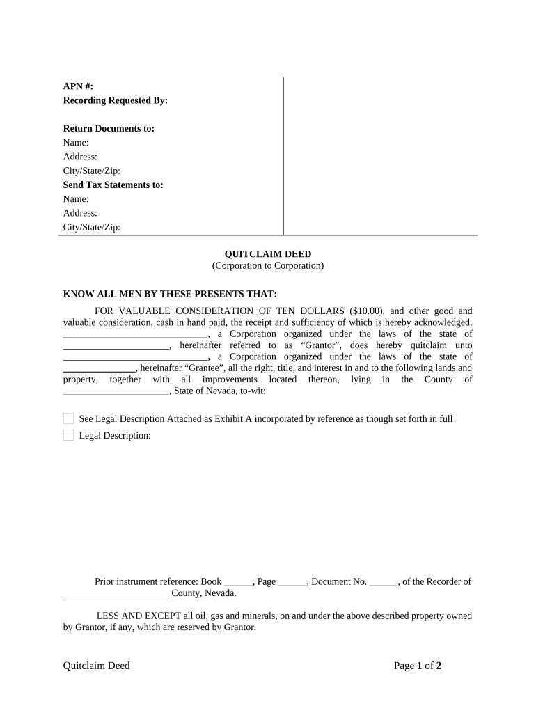 Quitclaim Deed from Corporation to Corporation Nevada  Form