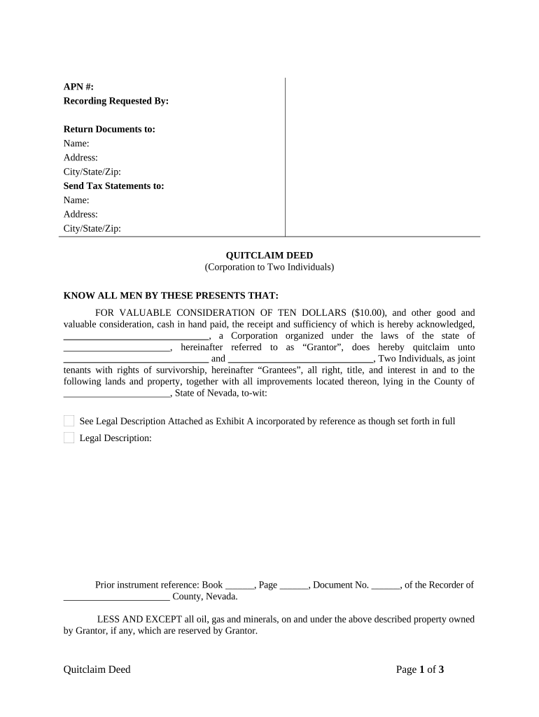 Quitclaim Deed from Corporation to Two Individuals Nevada  Form