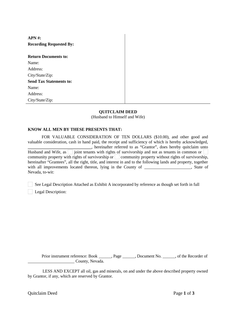 Quitclaim Deed from Husband to Himself and Wife Nevada  Form