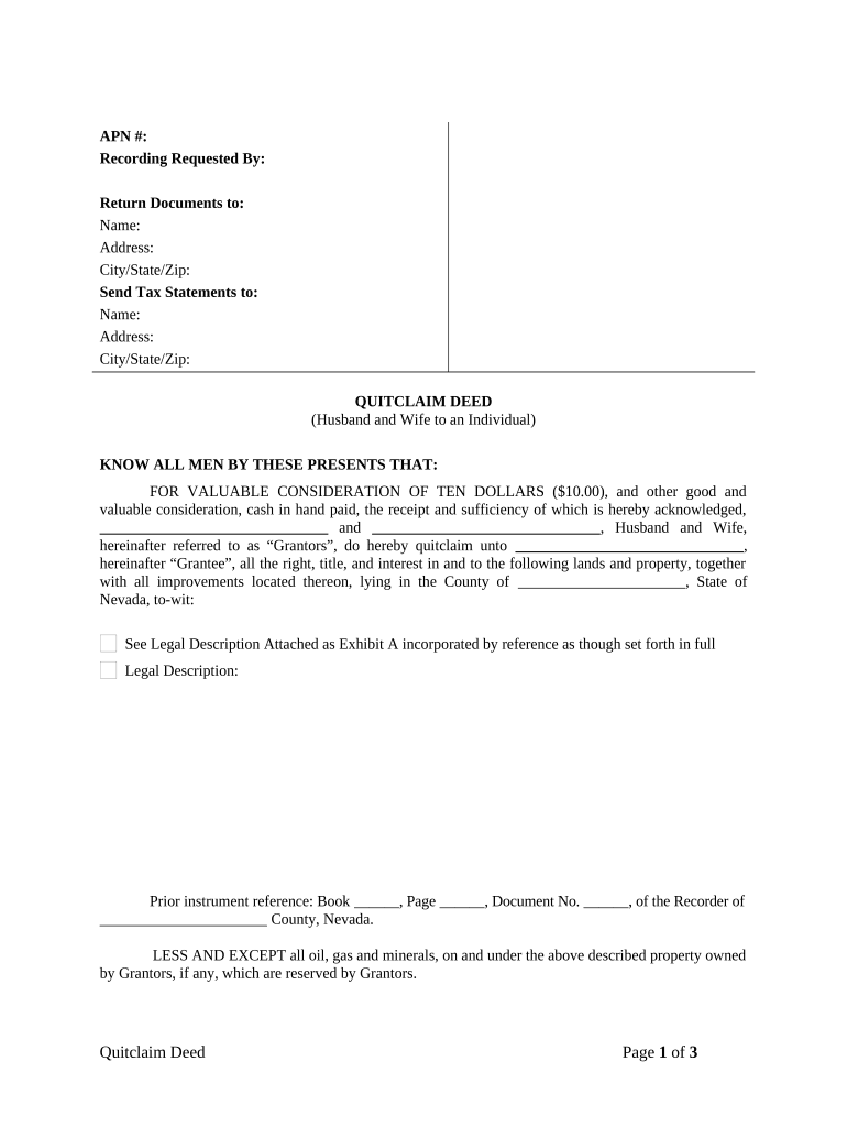 Quitclaim Deed from Husband and Wife to an Individual Nevada  Form