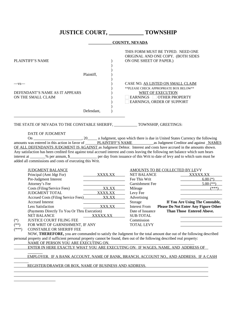 Nevada Writ  Form