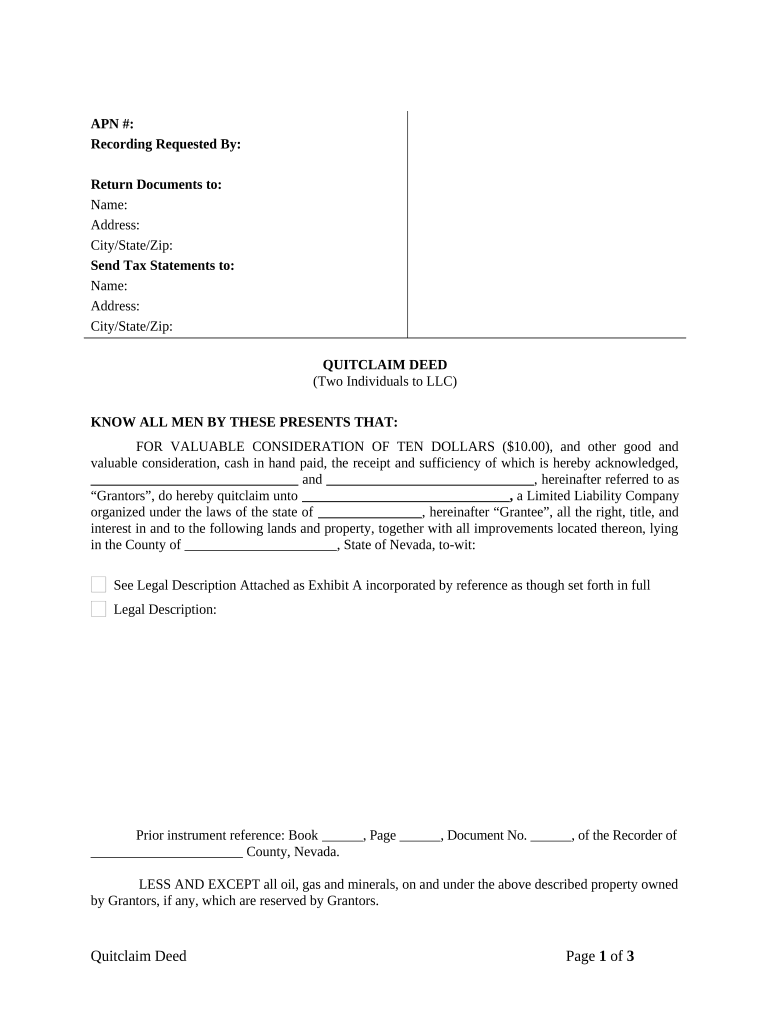 Quitclaim Deed by Two Individuals to LLC Nevada  Form