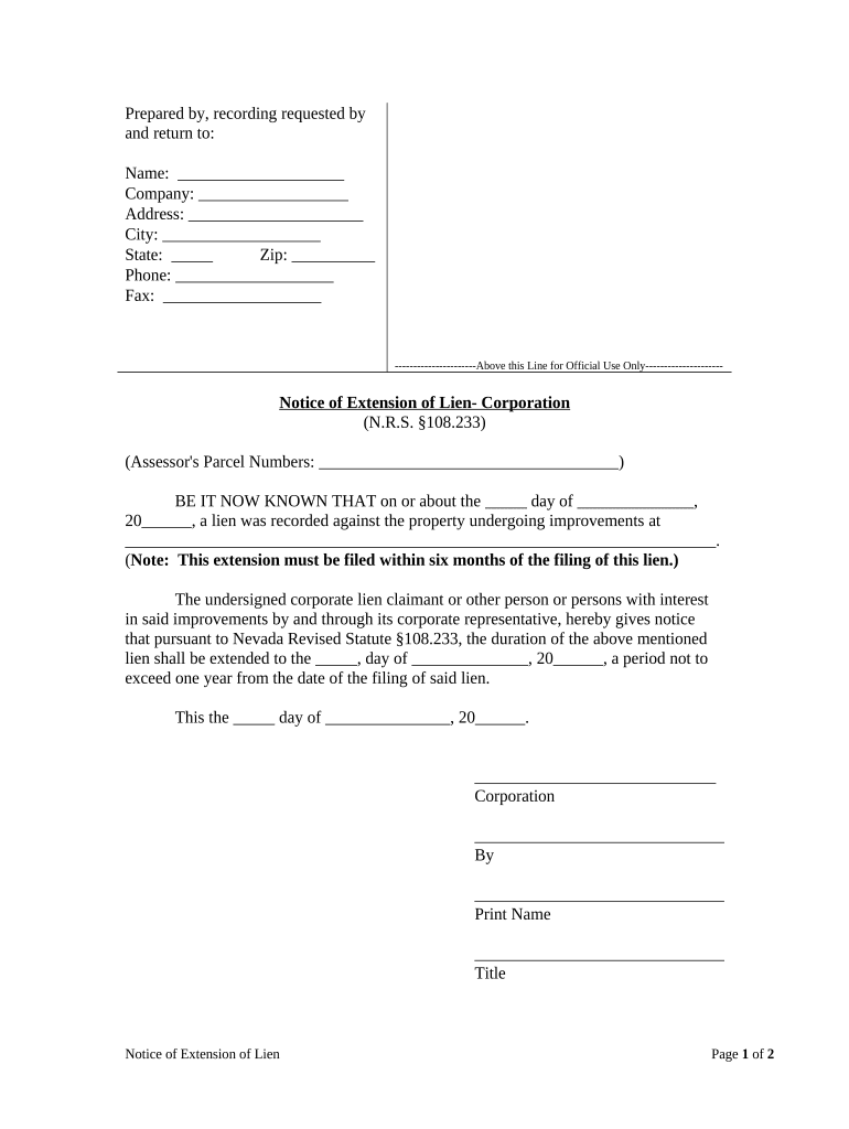 Notice of Extension of Lien Corporation or LLC Nevada  Form