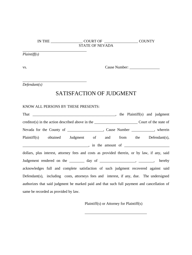 Nevada Satisfaction of Judgment Nevada  Form