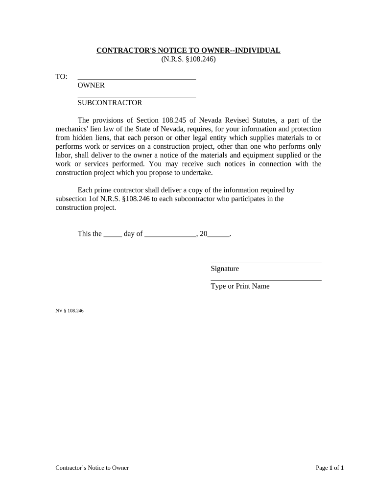 Contractor's Notice to Owner Individual Nevada  Form