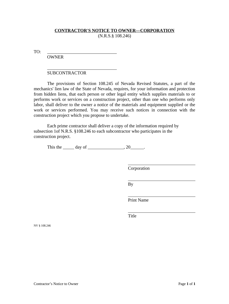 Contractor's Notice to Owner Corporation or LLC Nevada  Form