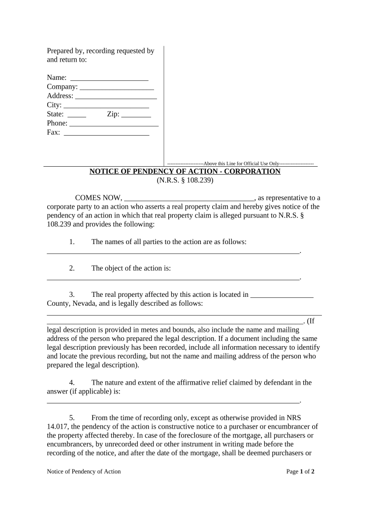 Notice of Pendency of Action Corporation or LLC Nevada  Form