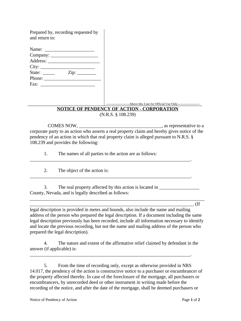 Notice of Pendency of Action Corporation or LLC Nevada Form