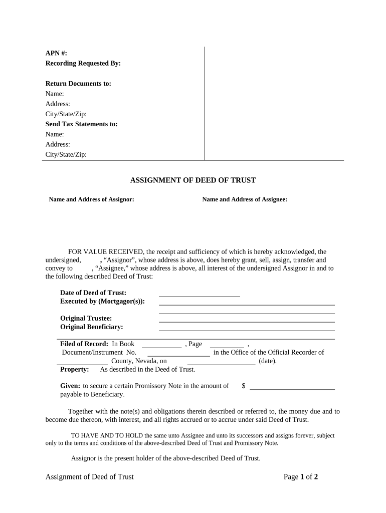 Assignment of Deed of Trust by Individual Mortgage Holder Nevada  Form