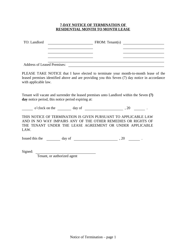 7 Day Notice to Terminate Month to Month Lease Residential from Tenant to Landlord Nevada  Form