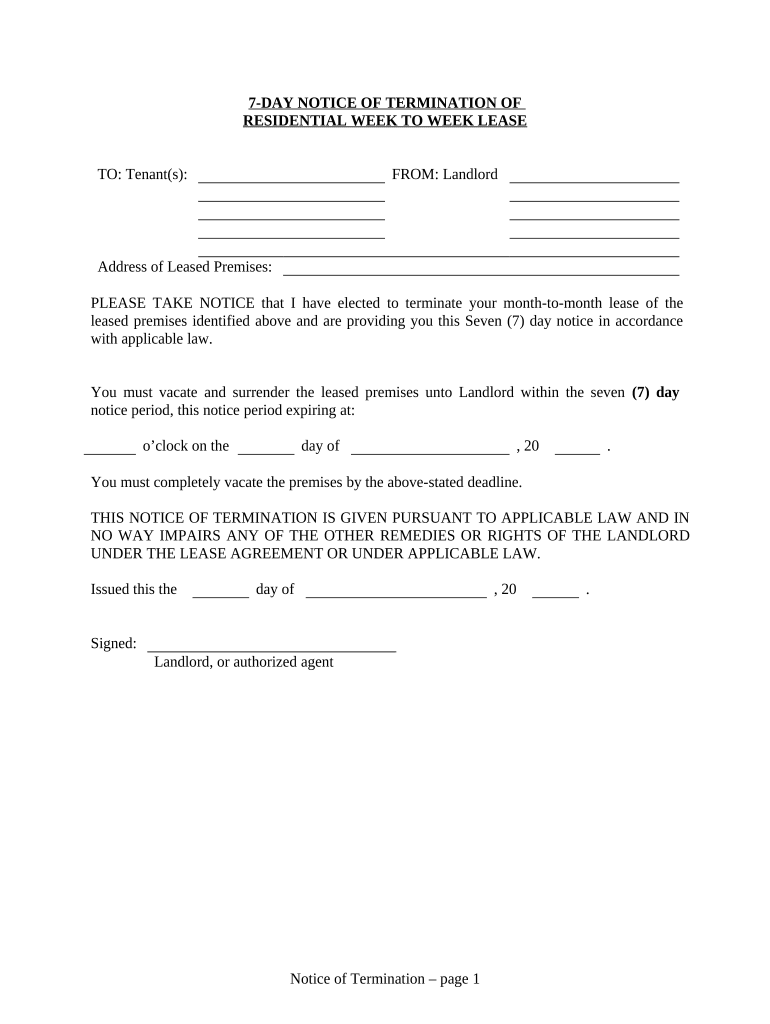 7 Day Notice to Terminate Week to Week Lease Residential from Landlord to Tenant Nevada  Form