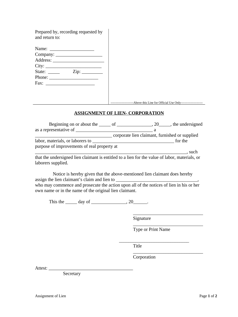 Assignment of Lien Corporation or LLC Nevada  Form