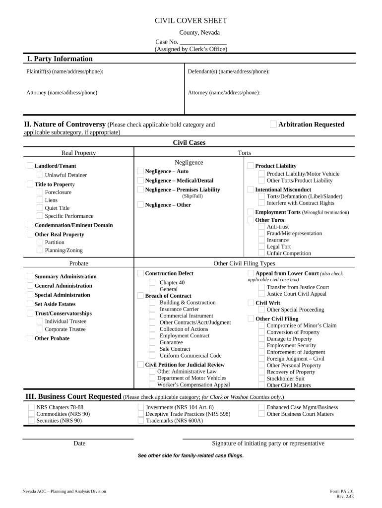 Civil Cover Sheet  Form