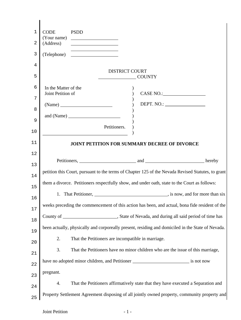 Nevada Petition Divorce  Form