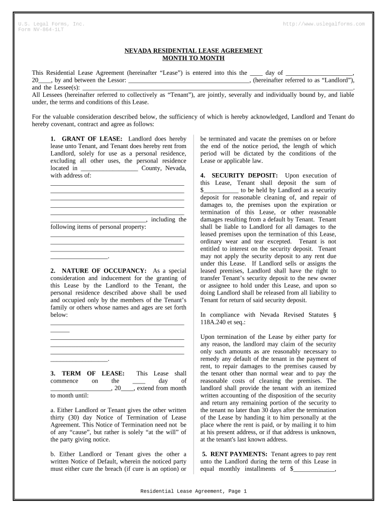 Residential Lease or Rental Agreement for Month to Month Nevada  Form