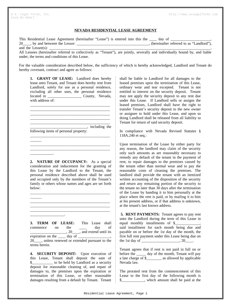 Residential Rental Lease Agreement Nevada  Form