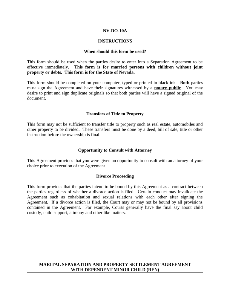 Marital Domestic Separation and Property Settlement Agreement Minor Children No Joint Property or Debts Effective Immediately Ne  Form