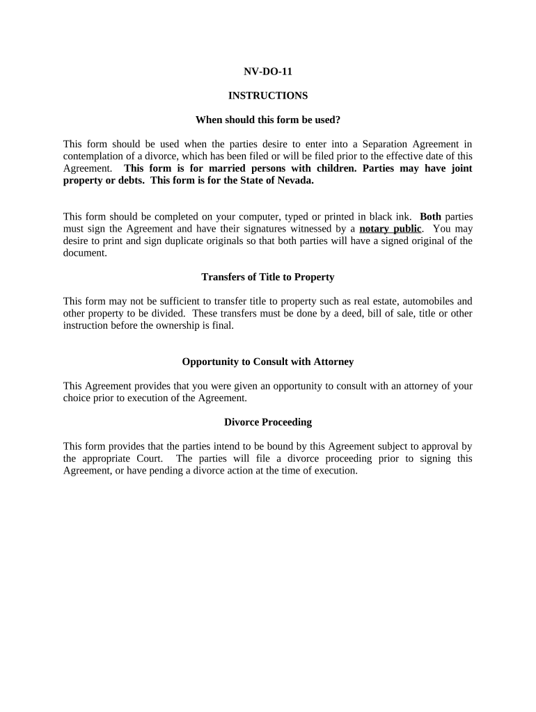 Marital Domestic Separation and Property Settlement Agreement Minor Children Parties May Have Joint Property or Debts Where Divo  Form