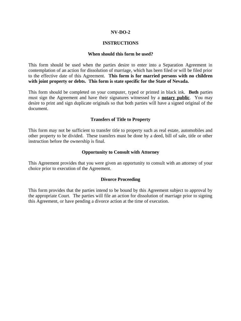 Marital Domestic Separation and Property Settlement Agreement No Children Parties May Have Joint Property or Debts Where Divorce  Form