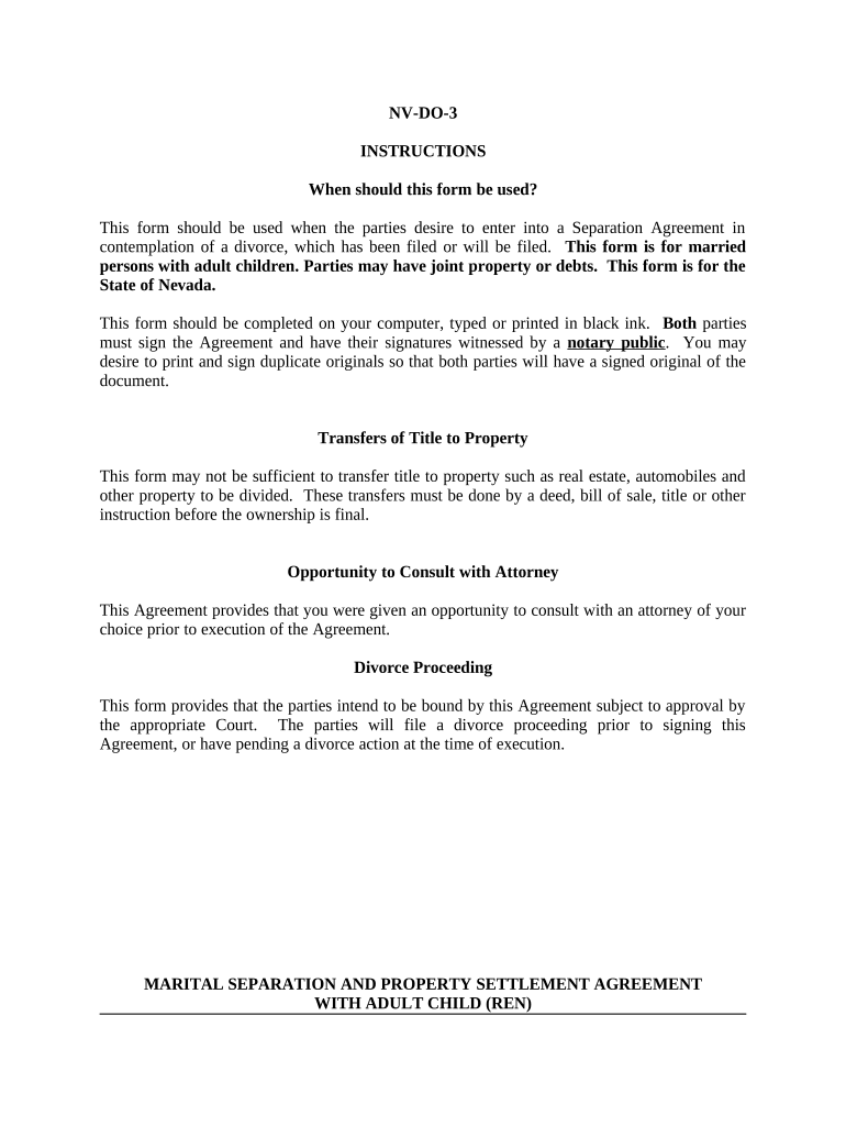 Marital Domestic Separation and Property Settlement Agreement Adult Children Parties May Have Joint Property or Debts Where Divo  Form