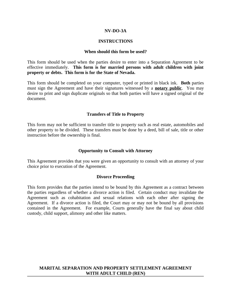 Marital Domestic Separation and Property Settlement Agreement Adult Children Parties May Have Joint Property or Debts Effective   Form