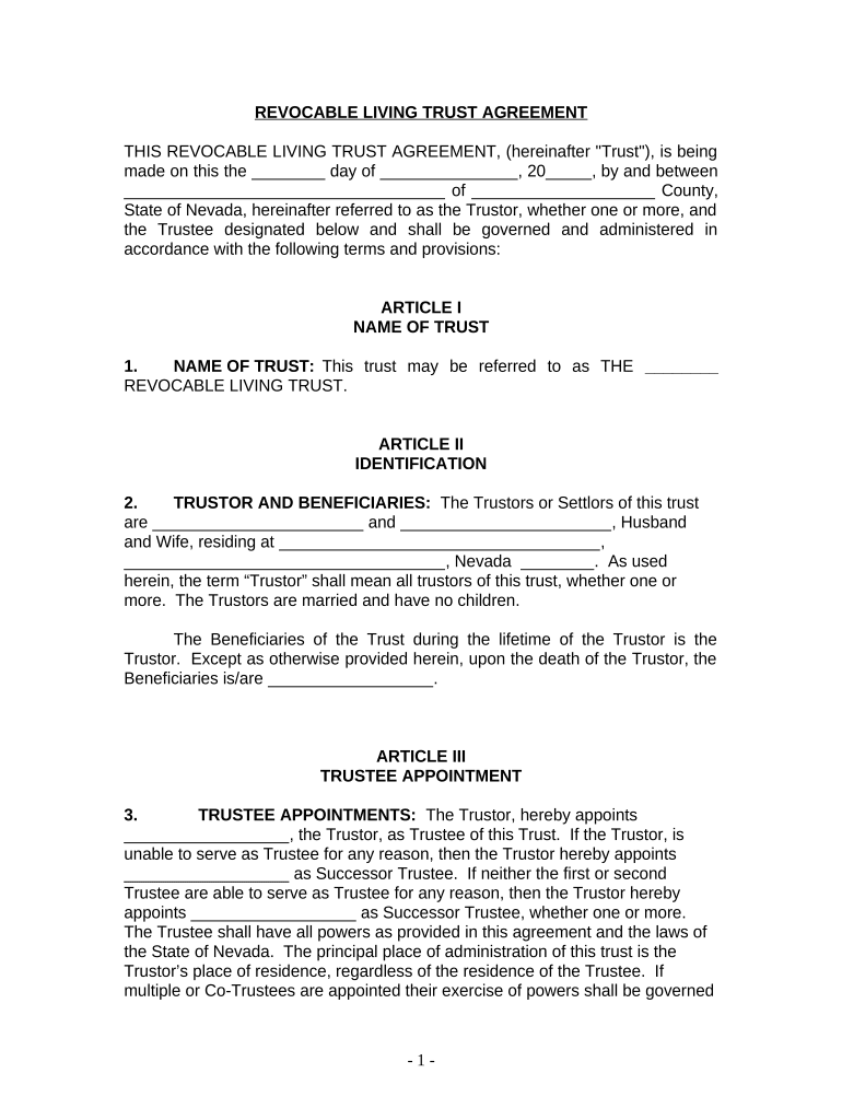 Living Trust for Husband and Wife with No Children Nevada  Form