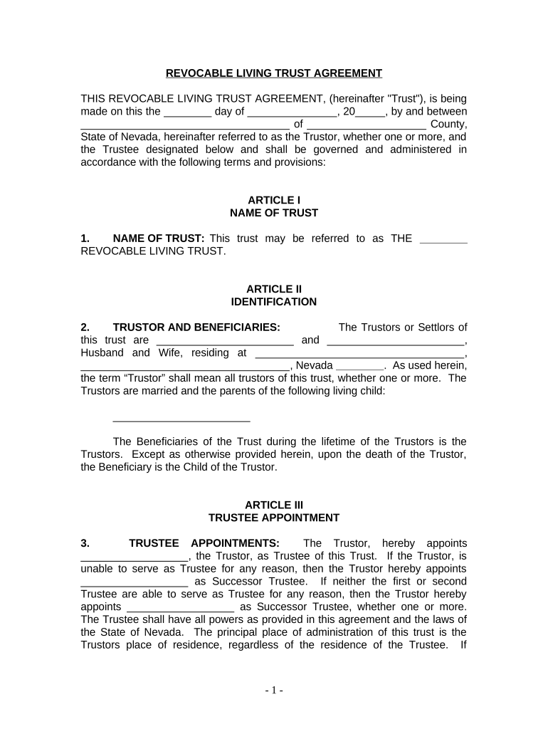 Living Trust for Husband and Wife with One Child Nevada  Form