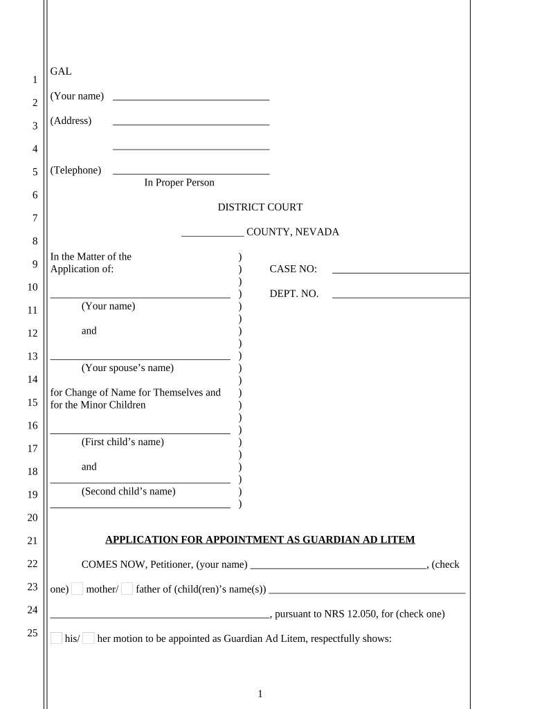 Applications for Appointment as Guardian Family Name Change with Second Child Nevada  Form