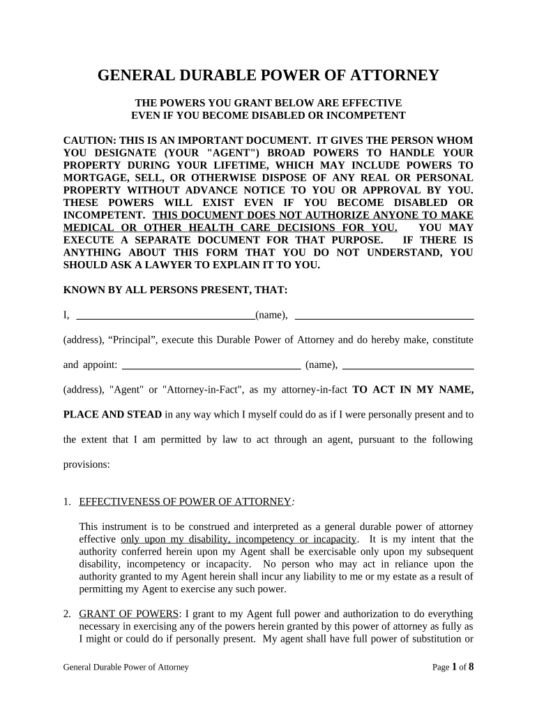 General Durable Power of Attorney for Property and Finances or Financial Effective Upon Disability Nevada  Form