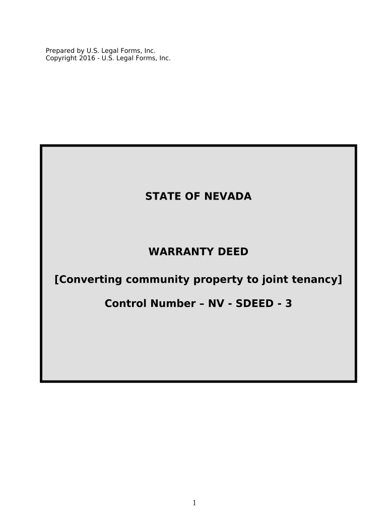 Warranty Deed to Convert Community Property to Joint Tenancy Nevada  Form