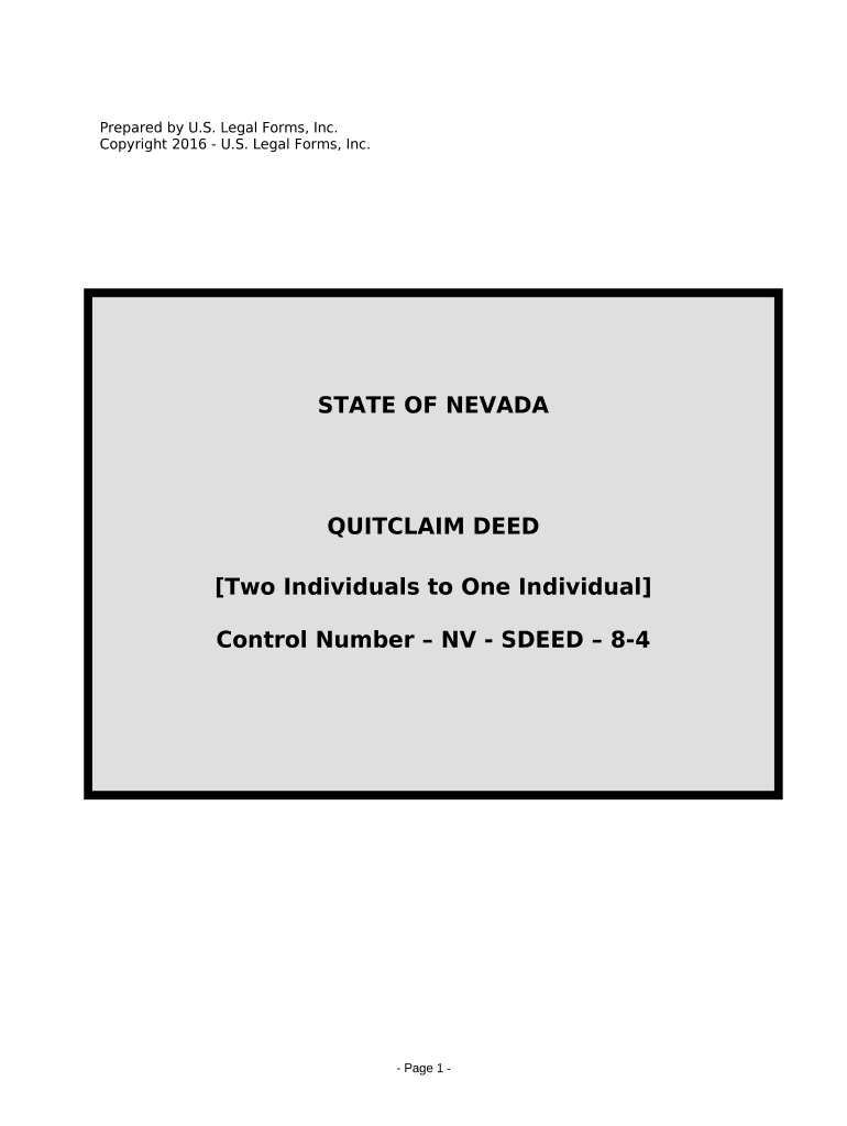 Quitclaim Deed from Two Individuals to One Individual Nevada  Form