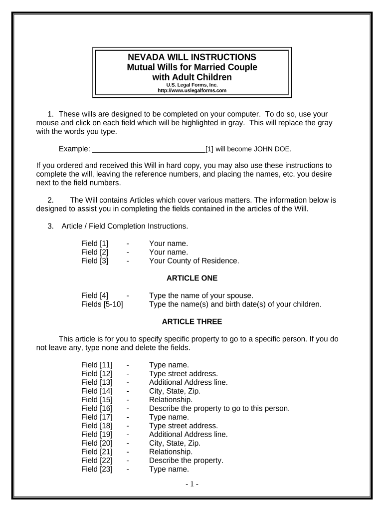 Mutual Wills Package with Last Wills and Testaments for Married Couple with Adult Children Nevada  Form