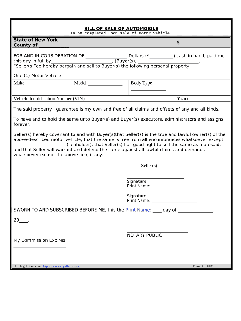 Bill of Sale of Automobile and Odometer Statement New York  Form